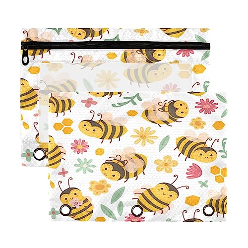 Kcldeci Federmäppchen für 3-Ringbinder, Bienen und Blumen, Cartoon, 2 Stück, mit Reißverschluss und verstärkten Ösen, Federmäppchen für Ordner von Kcldeci