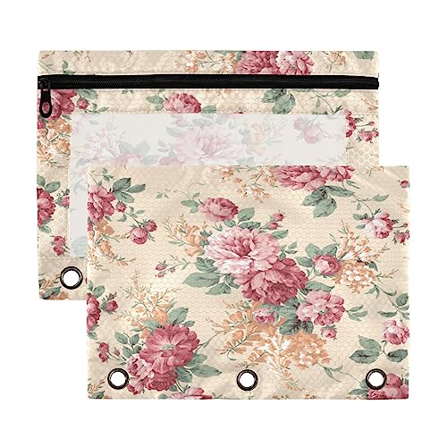 Kcldeci Federmäppchen für 3-Ringbinder, Tones Roses Flowers with Cream 2 Pack Binder Pencil Pouch Pencil Bags with Zipper & Reinforced Grommets, Pencil Case for Binder von Kcldeci