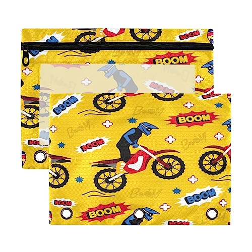 Kcldeci Federmäppchen für 3-Ringbuch, Motorrad, Rennen, Cartoon-Ordner, Federmäppchen, Federmäppchen, Federmäppchen, Großpackung für Zuhause, Büro, Schulbedarf, 2 Stück, Mehrfarbig, 9.8*7*0.1inch/ von Kcldeci