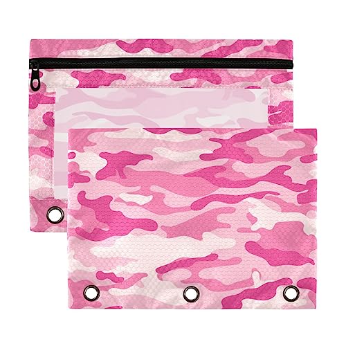 Kcldeci Federmäppchen für 3-Ringordner, Camouflage, Pink, Militär, 2 Stück, Binder, Bleistifttaschen mit Reißverschluss und verstärkten Ösen, Federmäppchen für Ordner von Kcldeci