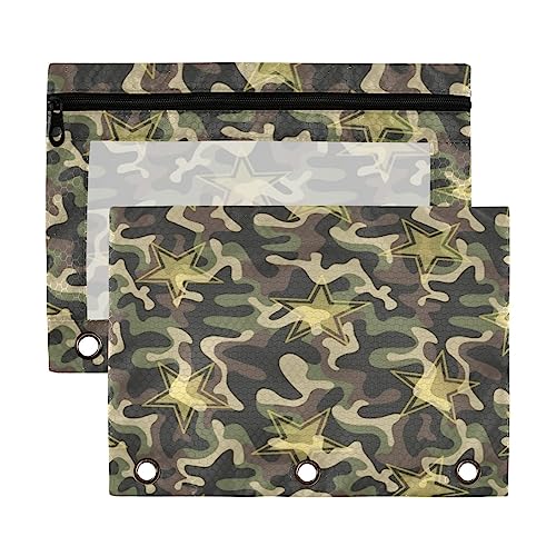 Kcldeci Federmäppchen für 3-Ringordner, Militär-Camouflage, Sterne, Armeegrün, 2 Stück, mit Reißverschluss und verstärkten Ösen, Federmäppchen für Ordner von Kcldeci