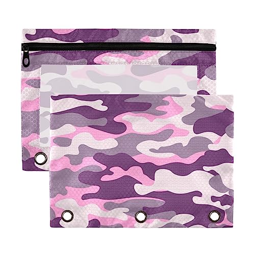 Kcldeci Federmäppchen für 3-Ringordner, Militär-Camouflage, Violett, 2 Stück, mit Reißverschluss und verstärkten Ösen, Federmäppchen für Ordner von Kcldeci