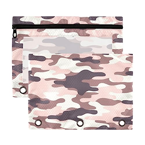 Kcldeci Federmäppchen für 3-Ringordner, Pink, Militär-Camouflage, 2 Stück, mit Reißverschluss und verstärkten Ösen, Federmäppchen für Ordner von Kcldeci