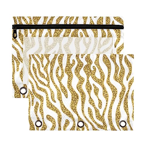 Kcldeci Federmäppchen für 3-Ringordner, goldfarbene Glitzer-Zebra-Haut, Bindertaschen mit Reißverschluss, Stifthalter, Etui mit transparentem Fenster, Schule, Klassenzimmer, Büro, Organizer, 2 Stück von Kcldeci