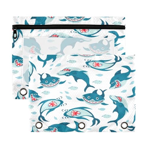 Kcldeci Federmäppchen mit 3 Ringen, Federmäppchen mit Reißverschluss, für 3 Ringbinder, Haie, in Cartoon-Federmäppchen mit transparentem Fenster, 2 Stück von Kcldeci