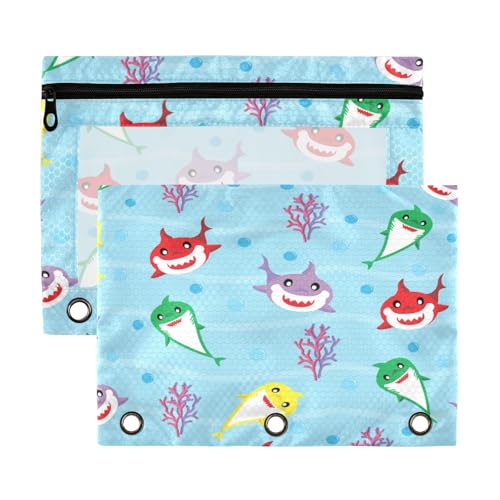 Kcldeci Federmäppchen mit 3 Ringen, Federmäppchen mit Reißverschluss, für 3-Ringbinder, buntes Hai, Tier, Meer, Federmäppchen mit transparentem Fenster, 2 Stück von Kcldeci
