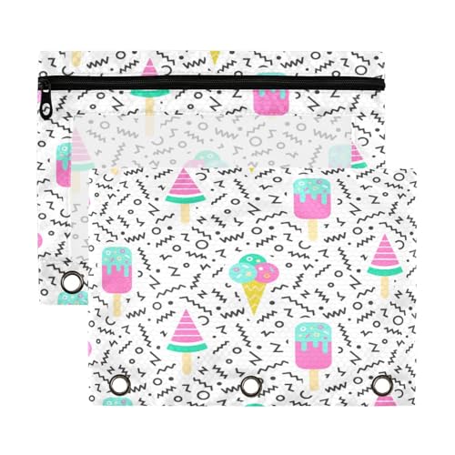 Kcldeci Federmäppchen mit 3 Ringen, Federmäppchen mit Reißverschluss, für 3-Ringbuch, Eiscreme, Kaffee, Federmäppchen mit transparentem Fenster, 2 Stück von Kcldeci