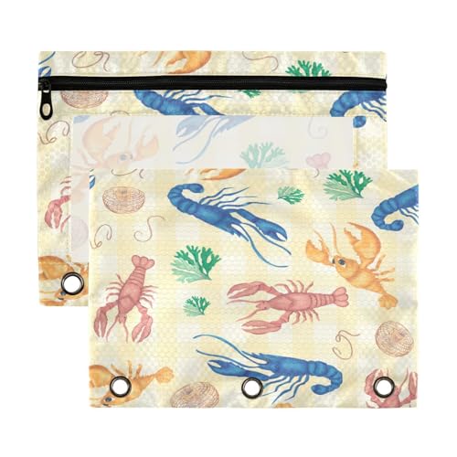 Kcldeci Federmäppchen mit 3 Ringen, Federmäppchen mit Reißverschluss, für 3-Ringbuch, Hummer, Abendessen, Krebse, Federmäppchen mit transparentem Fenster, 2 Stück von Kcldeci