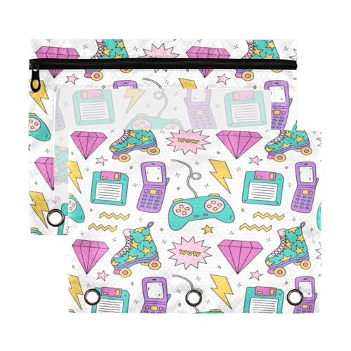 Kcldeci Federmäppchen mit 3 Ringen, Federmäppchen mit Reißverschluss, für 3-Ringbuch, Joystick, Gamepad, Lightnings, Federmäppchen mit transparentem Fenster, 2 Stück von Kcldeci