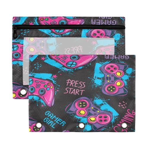 Kcldeci Federmäppchen mit 3 Ringen, Federmäppchen mit Reißverschluss, für 3-Ringbuch, Joystick, Gamer-Elemente, Gamepad-Federmäppchen mit transparentem Fenster, 2 Stück von Kcldeci