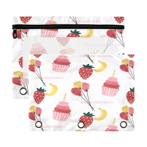 Kcldeci Federmäppchen mit 3 Ringen, Federmäppchen mit Reißverschluss, für 3-Ringbuch, Pink is Lost, mit Cupcake-Federmäppchen mit transparentem Fenster, für Bürobedarf, 2 Stück von Kcldeci