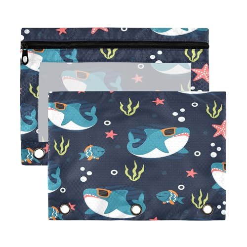 Kcldeci Federmäppchen mit 3 Ringen, Federmäppchen mit Reißverschluss, für 3-Ringbuch, cooles Hai-Cartoon-Federmäppchen mit transparentem Fenster, 2 Stück von Kcldeci