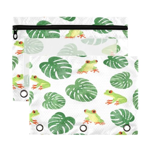 Kcldeci Federmäppchen mit 3 Ringen, Federmäppchen mit Reißverschluss, für 3-Ringbuch, grüne Frösche und tropische Blätter, Federmäppchen mit transparentem Fenster, 2 Stück von Kcldeci