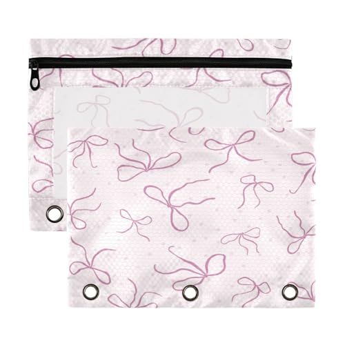 Kcldeci Federmäppchen mit 3 Ringen, Federmäppchen mit Reißverschluss, für 3-Ringbuch, niedliche rosa Schleifen, gepunktet, Federmäppchen mit transparentem Fenster, für Bürobedarf, 2 Stück von Kcldeci