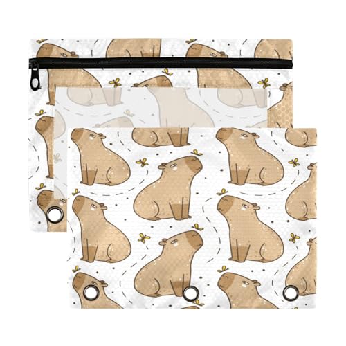 Kcldeci Federmäppchen mit 3 Ringen, Federmäppchen mit Reißverschluss, für 3-Ringbuch, niedliches Capybaras mit Schmetterlingen, Federmäppchen mit transparentem Fenster, für Bürobedarf, 2 Stück von Kcldeci