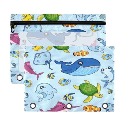 Kcldeci Federmäppchen mit 3 Ringen, Federmäppchen mit Reißverschluss, für 3-Ringbuch, niedliches Fisch-Federmäppchen mit transparentem Fenster, 2 Stück von Kcldeci