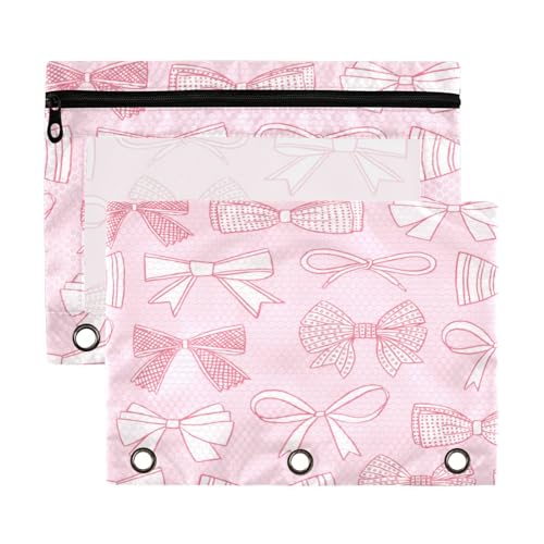 Kcldeci Federmäppchen mit 3 Ringen, Federmäppchen mit Reißverschluss, für 3-Ringbuch, rosa Schleife, nahtloses Muster, Federmäppchen mit transparentem Fenster, 2 Stück von Kcldeci