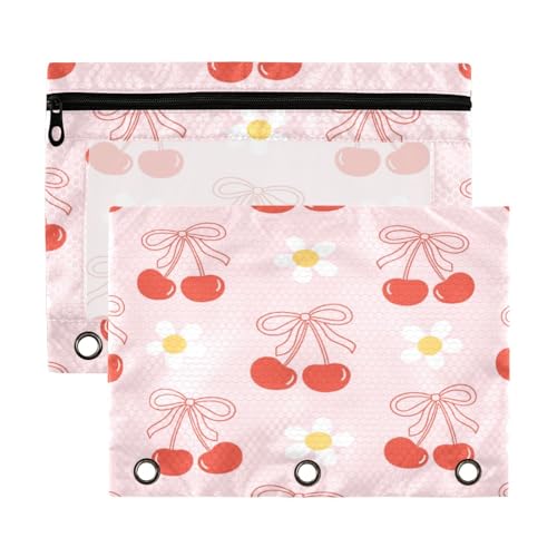 Kcldeci Federmäppchen mit 3 Ringen, Federmäppchen mit Reißverschluss, für 3-Ringbuch, rote Kirschschleife mit Gänseblümchen, Federmäppchen mit transparentem Fenster, für Bürobedarf, 2 Stück von Kcldeci