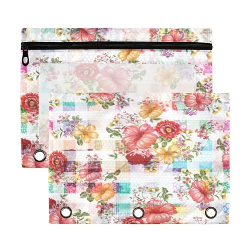 Kcldeci Federmäppchen mit 3 Ringen, Federmäppchen mit Reißverschluss, für 3 Ringbücher, Blumenmuster, Federmäppchen mit transparentem Fenster, 2 Stück von Kcldeci