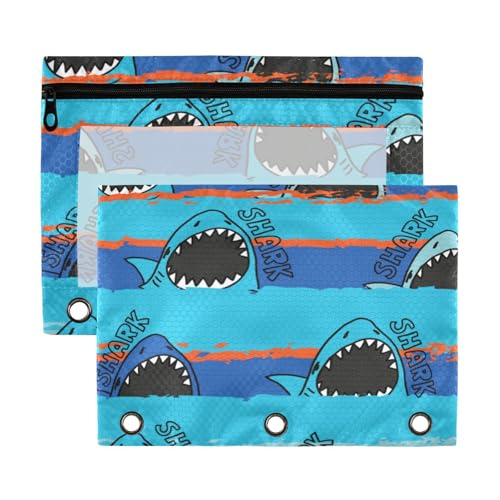 Kcldeci Federmäppchen mit 3 Ringen, Federmäppchen mit Reißverschluss, für 3 Ringbücher, Cartoon-Hai auf Streifen, Federmäppchen mit transparentem Fenster, 2 Stück von Kcldeci
