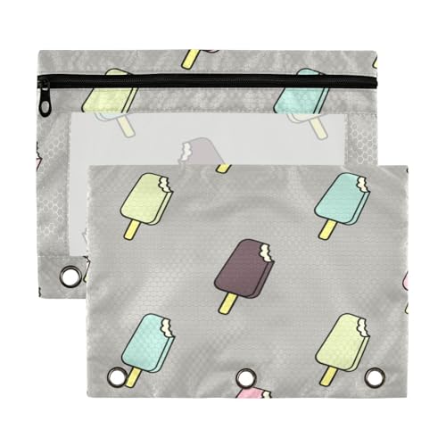 Kcldeci Federmäppchen mit 3 Ringen, Federmäppchen mit Reißverschluss, für 3 Ringbücher, Eis am Stiel, Grau, Federmäppchen mit transparentem Fenster für Bürobedarf, 2 Stück von Kcldeci