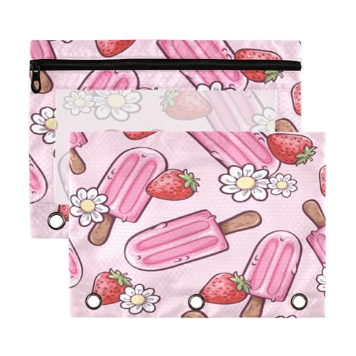 Kcldeci Federmäppchen mit 3 Ringen, Federmäppchen mit Reißverschluss, für 3 Ringbücher, Eisstangen, Erdbeeren, Federmäppchen mit transparentem Fenster, 2 Stück von Kcldeci