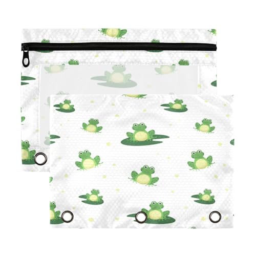 Kcldeci Federmäppchen mit 3 Ringen, Federmäppchen mit Reißverschluss, für 3 Ringbücher, Frösche auf weißem Federmäppchen, Großpackung mit transparentem Fenster für Bürobedarf, 2 Stück von Kcldeci