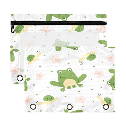 Kcldeci Federmäppchen mit 3 Ringen, Federmäppchen mit Reißverschluss, für 3 Ringbücher, Frösche mit rosa Blumen, Federmäppchen mit transparentem Fenster, 2 Stück von Kcldeci