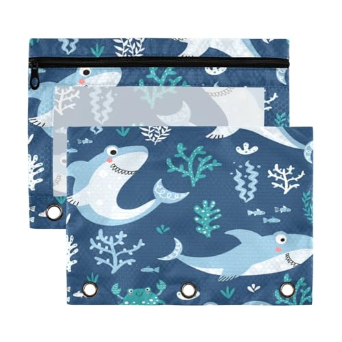 Kcldeci Federmäppchen mit 3 Ringen, Federmäppchen mit Reißverschluss, für 3 Ringbücher, Haie und Fische, Federmäppchen mit transparentem Fenster, 2 Stück von Kcldeci