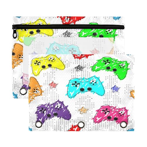 Kcldeci Federmäppchen mit 3 Ringen, Federmäppchen mit Reißverschluss, für 3 Ringbücher, Joysticks und Sterne, Federmäppchen mit transparentem Fenster, 2 Stück von Kcldeci
