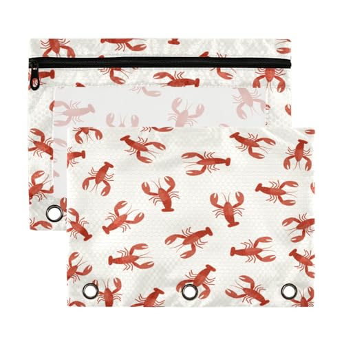 Kcldeci Federmäppchen mit 3 Ringen, Federmäppchen mit Reißverschluss, für 3 Ringbücher, Krebse, rote Hummer, Federmäppchen mit transparentem Fenster, 2 Stück von Kcldeci
