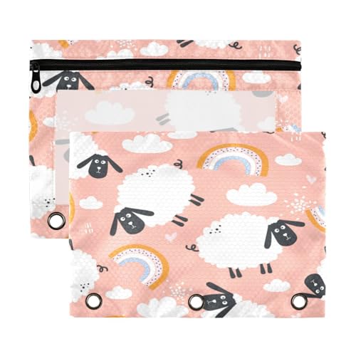 Kcldeci Federmäppchen mit 3 Ringen, Federmäppchen mit Reißverschluss, für 3 Ringbücher, Schafe, Himmel, Federmäppchen mit transparentem Fenster, 2 Stück von Kcldeci