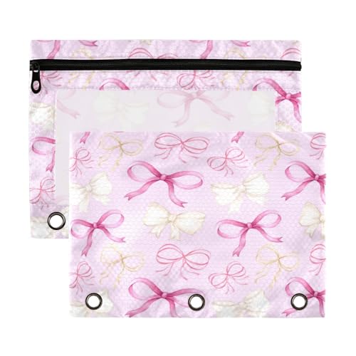 Kcldeci Federmäppchen mit 3 Ringen, Federmäppchen mit Reißverschluss, für 3 Ringbücher, Schleifen auf einem weißen Federmäppchen, Großpackung mit transparentem Fenster für Bürobedarf, 2 Stück von Kcldeci