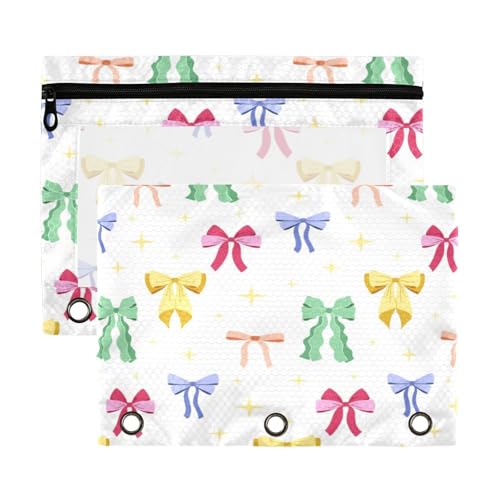 Kcldeci Federmäppchen mit 3 Ringen, Federmäppchen mit Reißverschluss, für 3 Ringbücher, Schleifen und Bänder, buntes Federmäppchen mit transparentem Fenster, für Bürobedarf, 2 Stück von Kcldeci