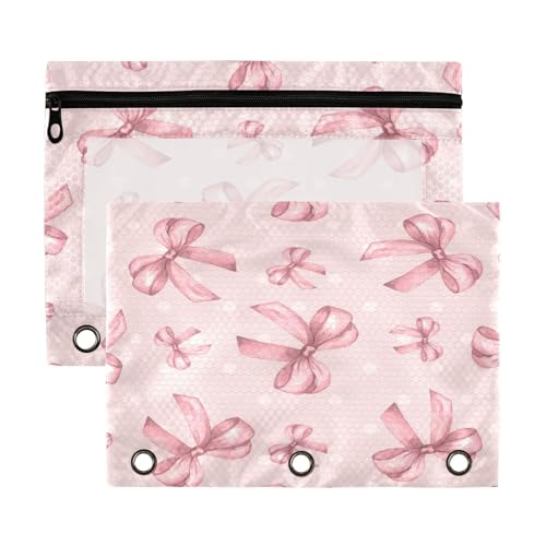 Kcldeci Federmäppchen mit 3 Ringen, Federmäppchen mit Reißverschluss, für 3 Ringbücher, Schleifen und Punkte, rosa Federmäppchen mit transparentem Fenster, für Bürobedarf, 2 Stück von Kcldeci