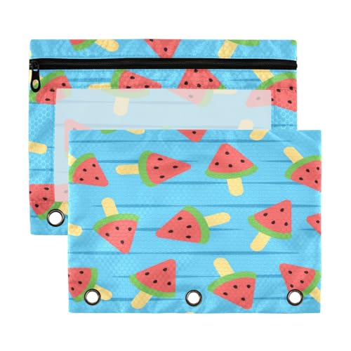 Kcldeci Federmäppchen mit 3 Ringen, Federmäppchen mit Reißverschluss, für 3 Ringbücher, Wassermelonen, Eis am Stiel, Blau, Federmäppchen mit transparentem Fenster, für Bürobedarf, 2 Stück von Kcldeci