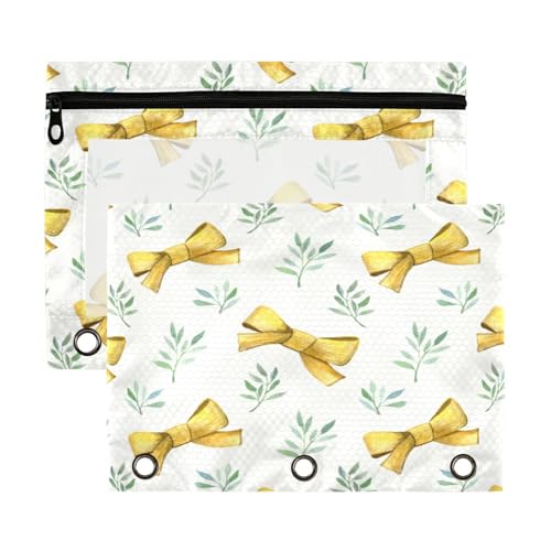 Kcldeci Federmäppchen mit 3 Ringen, Federmäppchen mit Reißverschluss, für 3 Ringbücher, gelbe Schleifen und grüne Zweige, Federmäppchen mit transparentem Fenster, 2 Stück von Kcldeci