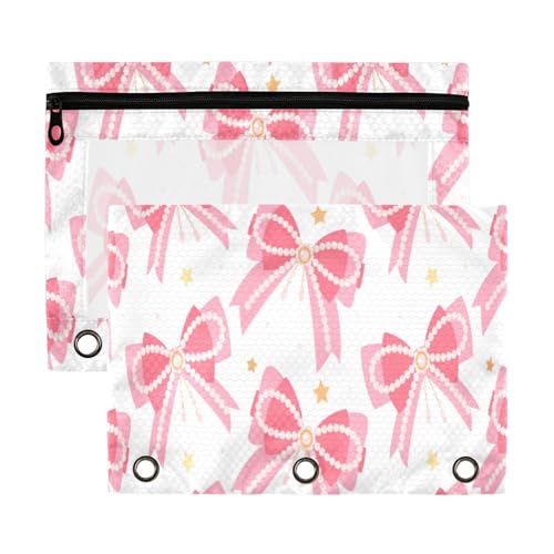 Kcldeci Federmäppchen mit 3 Ringen, Federmäppchen mit Reißverschluss, für 3 Ringbücher, rosa Schleifen und gelbe Sterne, Federmäppchen mit transparentem Fenster, 2 Stück von Kcldeci
