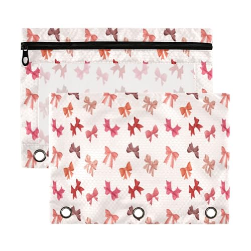 Kcldeci Federmäppchen mit 3 Ringen, Federmäppchen mit Reißverschluss, für 3 Ringbücher, rosa und rote Schleife, Federmäppchen mit transparentem Fenster, 2 Stück von Kcldeci