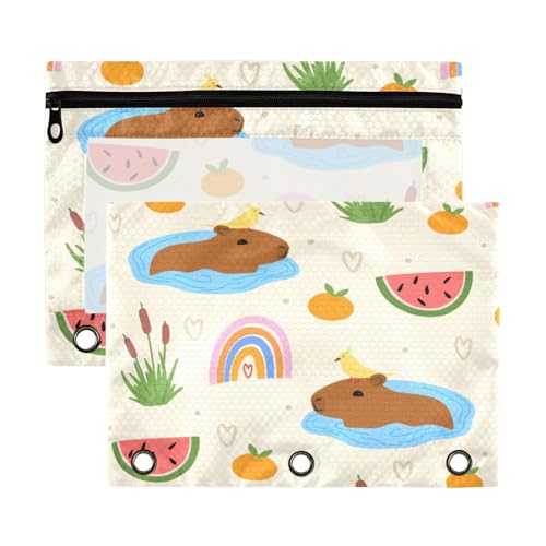 Kcldeci Federmäppchen mit 3 Ringen, Federmäppchen mit Reißverschluss für 3-Ringbuch, Capybara, Wassermelone, Regenbogen-Bleistifttasche, Großpackung Federmäppchen mit transparentem Fenster für von Kcldeci