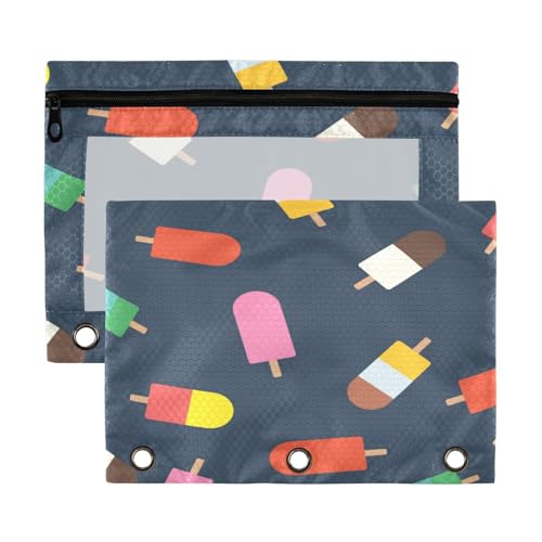 Kcldeci Federmäppchen mit 3 Ringen, Federmäppchen mit Reißverschluss für 3-Ringbuch, Eiscreme-Blau, Eiscreme-Blau, Federmäppchen mit transparentem Fenster für Bürobedarf, 2 Stück von Kcldeci