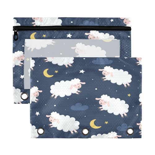 Kcldeci Federmäppchen mit 3 Ringen, Federmäppchen mit Reißverschluss für 3-Ringbuch, niedliche Schafe, Sterne, Wolken, Federmäppchen mit transparentem Fenster, 2 Stück von Kcldeci