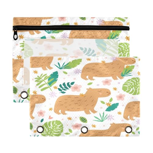 Kcldeci Federmäppchen mit 3 Ringen, Federmäppchen mit Reißverschluss für 3-Ringbuch, niedliches Capybara im Dschungel, Federmäppchen mit transparentem Fenster, 2 Stück von Kcldeci