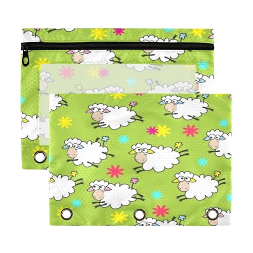 Kcldeci Federmäppchen mit 3 Ringen, Federmäppchen mit Reißverschluss für 3-Ringbuch, niedliches Schaf, Federmäppchen mit transparentem Fenster, 2 Stück von Kcldeci