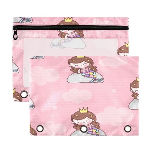 Kcldeci Federmäppchen mit 3 Ringen, Meerjungfrau-Prinzen, Cartoon-Motiv, Federmäppchen mit Reißverschluss, für 3-Ringbinder, Federmäppchen mit transparentem Fenster, für Bürobedarf, 2 Stück von Kcldeci