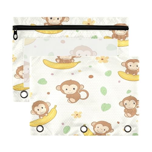 Kcldeci Federmäppchen mit 3 Ringen, Motiv: Affe, Bananen, Federmäppchen mit Reißverschluss, transparentes Federmäppchen, Büro, Schreibwaren, Schul-Organizer von Kcldeci
