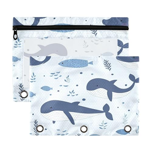 Kcldeci Federmäppchen mit 3 Ringen, Motiv: Wale, Fische, Federmäppchen mit Reißverschluss, transparentes Federmäppchen, Büro, Schreibwaren, Schul-Organizer von Kcldeci