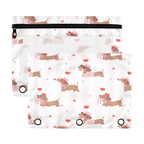 Kcldeci Federmäppchen mit 3 Ringen, Retro-Design, Dackel, Federmäppchen mit Reißverschluss, für 3-Ringbinder, Federmäppchen mit transparentem Fenster, für Bürobedarf, 2 Stück, Mehrfarbig, 9.8*7 von Kcldeci