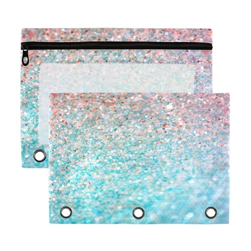 Kcldeci Federmäppchen mit 3 Ringen, glitzernd, Rot und Türkis, Federmäppchen mit Reißverschluss für 3-Ringbinder, Federmäppchen mit transparentem Fenster für Bürobedarf, 2 Stück, Mehrfarbig, 9.8*7 von Kcldeci
