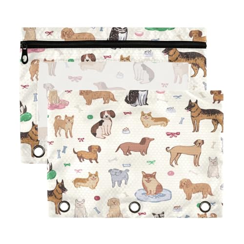 Kcldeci Federmäppchen mit 3 Ringen und Hundeknochen und Schleifen, goldfarben, Federmäppchen mit Reißverschluss für 3 Ringbücher, Großpackung Federmäppchen mit transparentem Fenster für Bürobedarf, 2 von Kcldeci